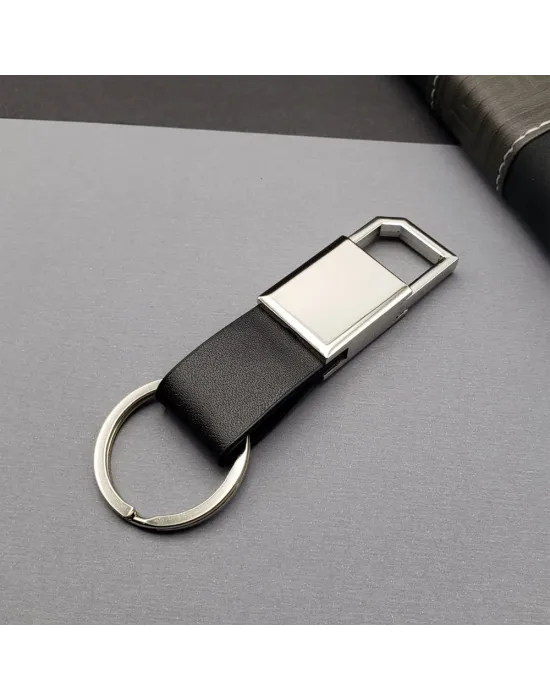 Deri Siyah Gümüş Metal Anahtarlık