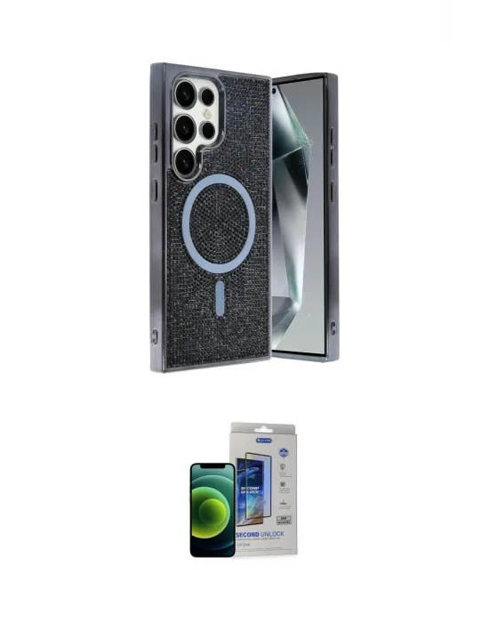 ieg™ Galaxy S23 Ultra Kılıf Eksen Çizgi - Siyah Durable Full Glue Curved Cam