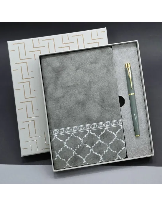 Gri Renk Defter Ve Metal Roller Kalem Seti