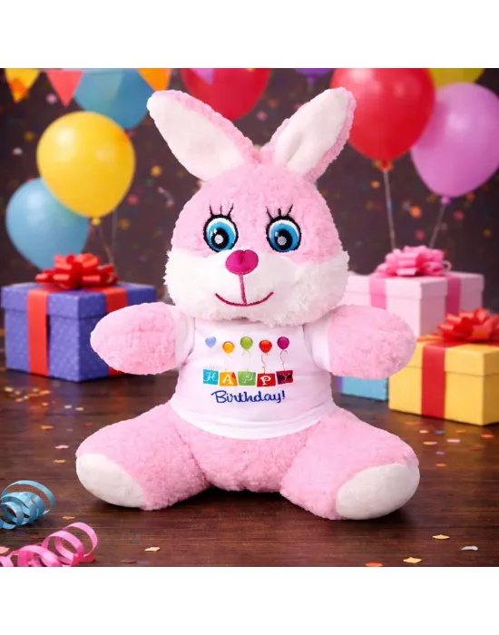 Happy Birthday Tişörtlü Peluş Tavşan