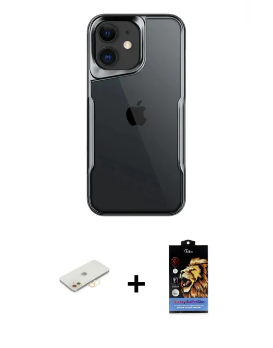 ieg™ iPhone 11 Kılıf Akış Çizgi Koleksiyonu - Siyah Buffer Hayalet Cam Ekran Koruyucu + Renkli Kamera Lens Koruma Cam - SI