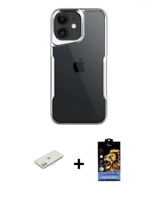 ieg™ iPhone 11 Kılıf Akış Çizgi Koleksiyonu - Siyah Buffer Hayalet Cam Ekran Koruyucu + Renkli Kamera Lens Koruma Cam - TU