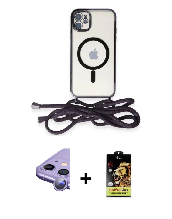ieg™ iPhone 11 Kılıf Eksen Özel Seri - Siyah Buffer Cam Ekran Koruyucu + Raze Metal Kamera Lens - MR