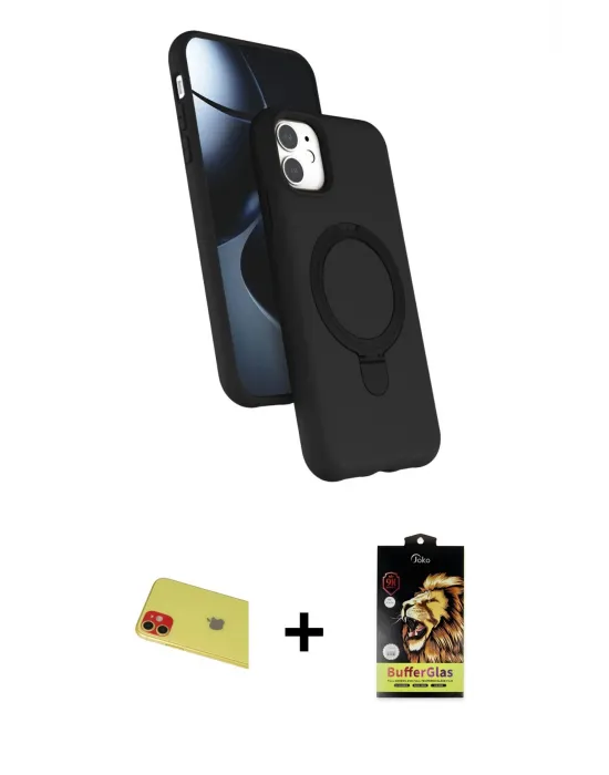 ieg™ iPhone 11 Kılıf İz Işık Koleksiyonu - Siyah Buffer Cam Ekran Koruyucu + Rainbow Kamera Lens Koruma Cam - KI