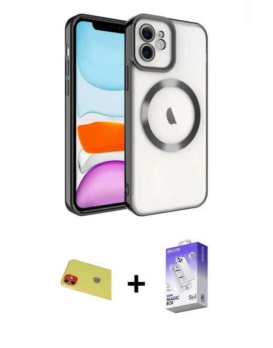 ieg™ iPhone 11 Kılıf Nova Işık Özel Seri - Siyah Bilvis 5in1 3D Magic Cam Ekran Koruyucu + Rainbow Kamera Lens Koruma Cam - KI