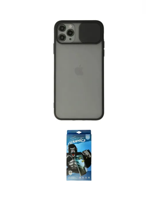 ieg™ iPhone 11 Pro Max Kılıf Vadi Çizgi - Siyah 34D Izgaralı Cam