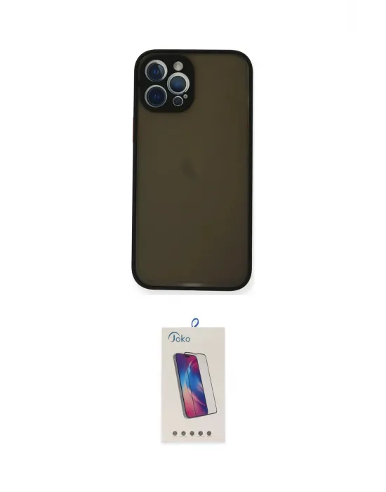 ieg™ iPhone 12 Pro Max Kılıf Ahenk Çizgi Serisi - Siyah Joko 5D Cam