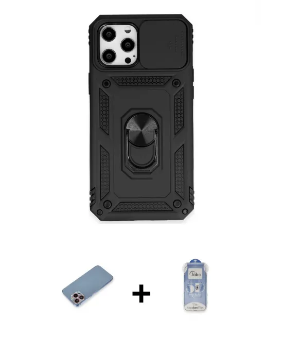 ieg™ iPhone 12 Pro Max Kılıf Ahenk Klasik - Siyah Joko Magic 5D Cam + Shine Kamera Lens Koruma Cam - PE