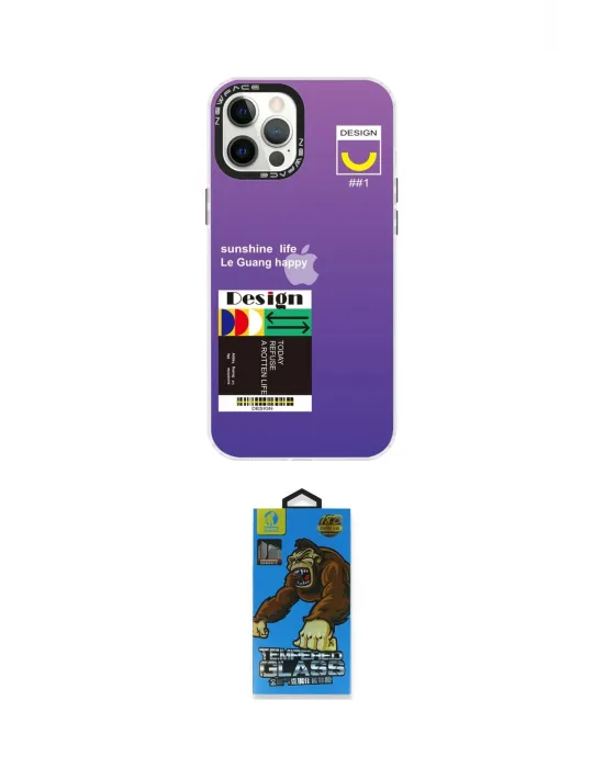 ieg™ iPhone 12 Pro Max Kılıf Siluet Çizgi Koleksiyonu - Siyah 18D Cam Ekran Koruyucu