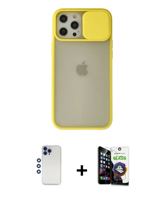 ieg™ iPhone 12 Pro Max Kılıf Vadi Çizgi - Şeffaf Temperli Cam Ekran Koruyucu + Shine Kamera Lens - LT