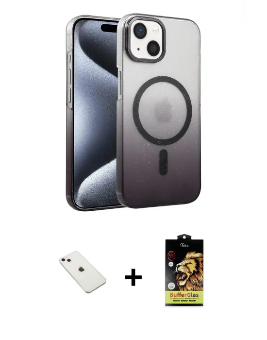 ieg™ iPhone 14 Kılıf Ahenk Doku Özel Seri - Siyah Buffer Cam Ekran Koruyucu + Diamond Kamera Lens - PE