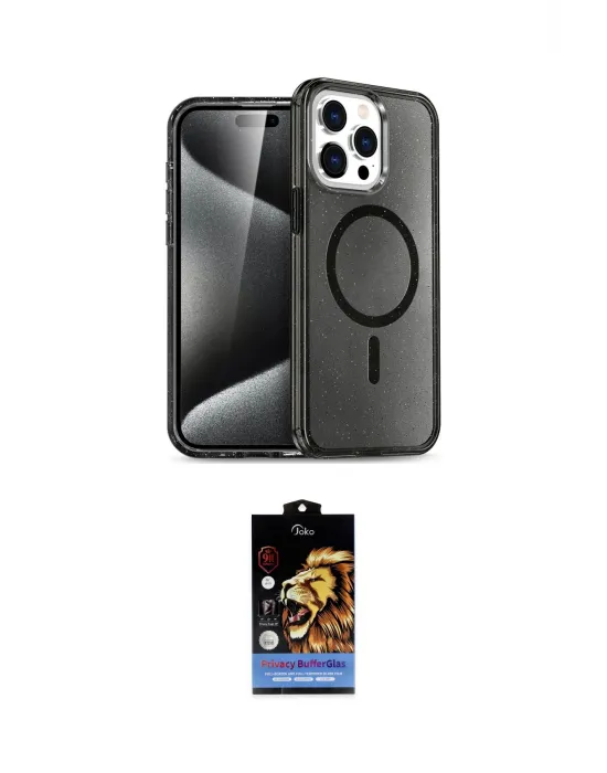 ieg™ iPhone 14 Pro Kılıf Eksen Doku Koleksiyonu - Siyah Buffer Hayalet Cam Ekran Koruyucu