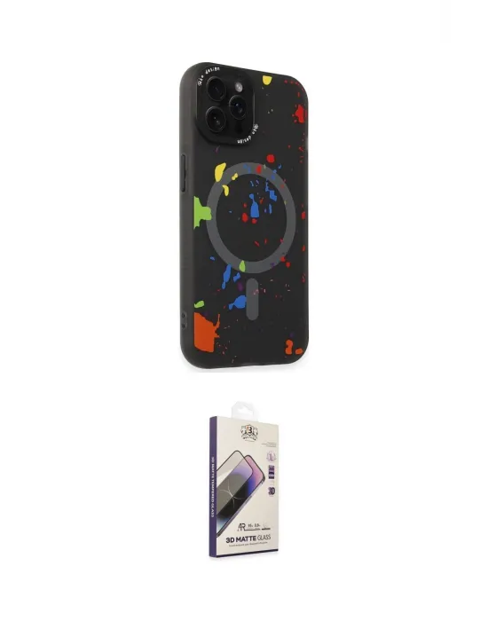 ieg™ iPhone 14 Pro Kılıf Kozmos Doku - Siyah Bilvis 3D Mat Cam Ekran Koruyucu