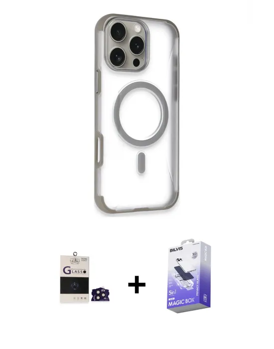ieg™ iPhone 14 Pro Max Kılıf Eksen Klasik Koleksiyonu - Siyah Bilvis 5in1 5D Magic Hayalet Cam Ekran Koruyucu + Bilvis Titan Kamera Lens - DNMR