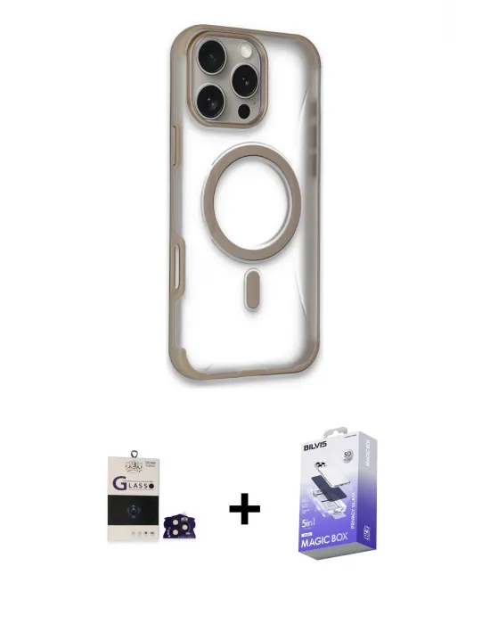ieg™ iPhone 14 Pro Max Kılıf Eksen Klasik Koleksiyonu - Siyah Bilvis 5in1 5D Magic Hayalet Cam Ekran Koruyucu + Bilvis Titan Kamera Lens - DNMR