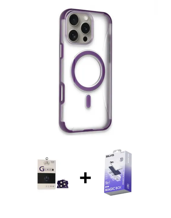 ieg™ iPhone 14 Pro Max Kılıf Eksen Klasik Koleksiyonu - Siyah Bilvis 5in1 5D Magic Hayalet Cam Ekran Koruyucu + Bilvis Titan Kamera Lens - DNMR