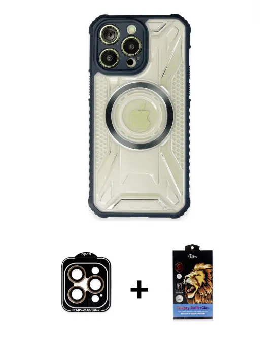 ieg™ iPhone 14 Pro Max Kılıf Kutup Modern - Siyah Buffer Hayalet Cam Ekran Koruyucu + PVD Metal Kamera Lens - TU