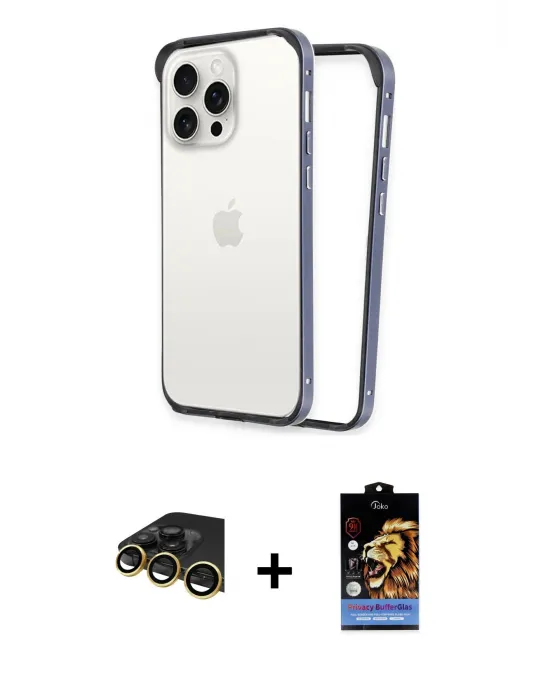 ieg™ iPhone 14 Pro Max Kılıf Pusula Asil Koleksiyonu - Siyah Buffer Hayalet Cam Ekran Koruyucu + Raze Metal Kamera Lens - GD