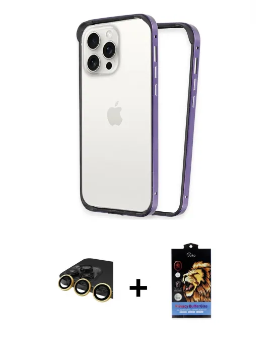 ieg™ iPhone 14 Pro Max Kılıf Pusula Asil Koleksiyonu - Siyah Buffer Hayalet Cam Ekran Koruyucu + Raze Metal Kamera Lens - GD