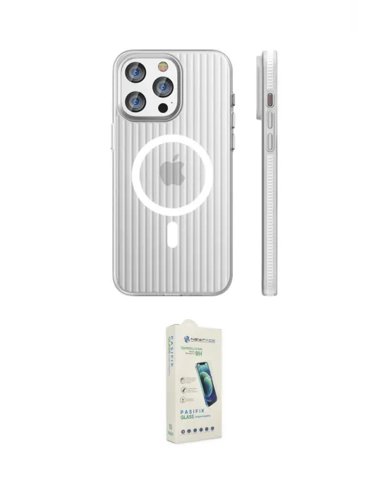 ieg™ iPhone 14 Pro Max Kılıf Pusula Minimal Koleksiyonu - Şeffaf Pasifik Cam Ekran Koruyucu