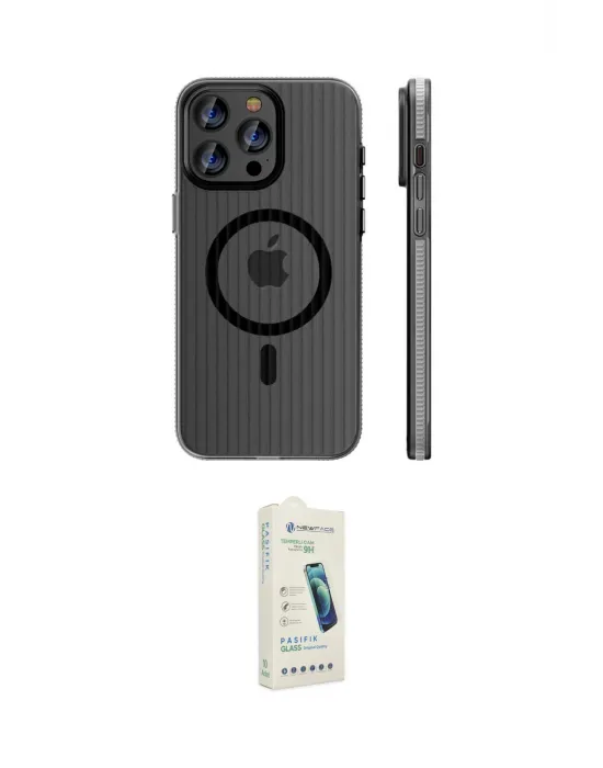 ieg™ iPhone 14 Pro Max Kılıf Pusula Minimal Koleksiyonu - Şeffaf Pasifik Cam Ekran Koruyucu