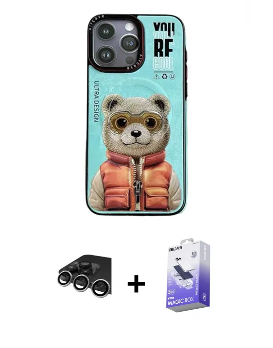 ieg™ iPhone 14 Pro Max Kılıf Siluet Modern Özel Seri - Siyah Bilvis 5in1 5D Magic Hayalet Cam Ekran Koruyucu + Raze Metal Kamera Lens - GS