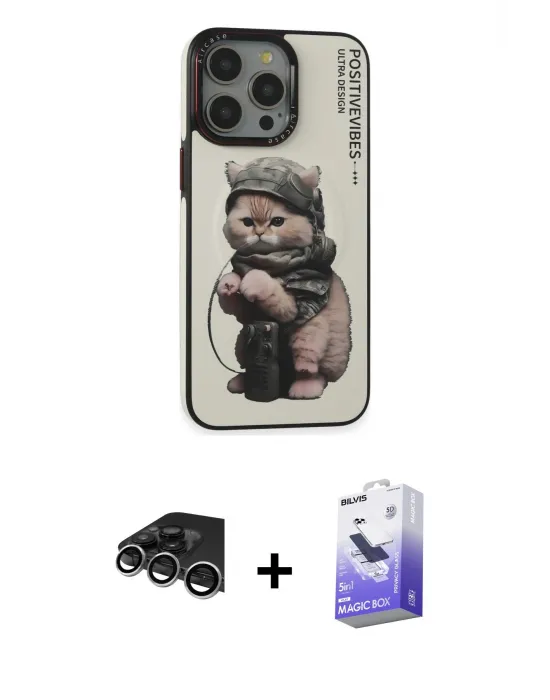 ieg™ iPhone 14 Pro Max Kılıf Siluet Modern Özel Seri - Siyah Bilvis 5in1 5D Magic Hayalet Cam Ekran Koruyucu + Raze Metal Kamera Lens - GS