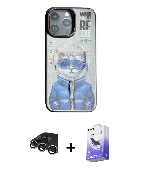 ieg™ iPhone 14 Pro Max Kılıf Siluet Modern Özel Seri - Siyah Bilvis 5in1 5D Magic Hayalet Cam Ekran Koruyucu + Raze Metal Kamera Lens - GS