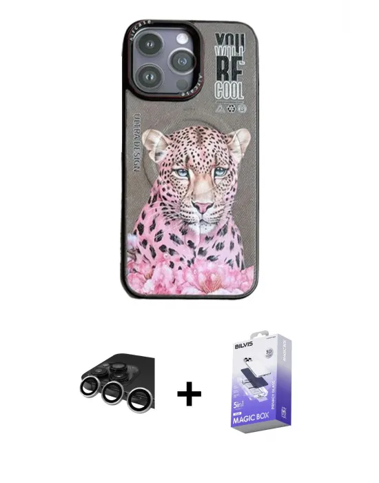 ieg™ iPhone 14 Pro Max Kılıf Siluet Modern Özel Seri - Siyah Bilvis 5in1 5D Magic Hayalet Cam Ekran Koruyucu + Raze Metal Kamera Lens - GS