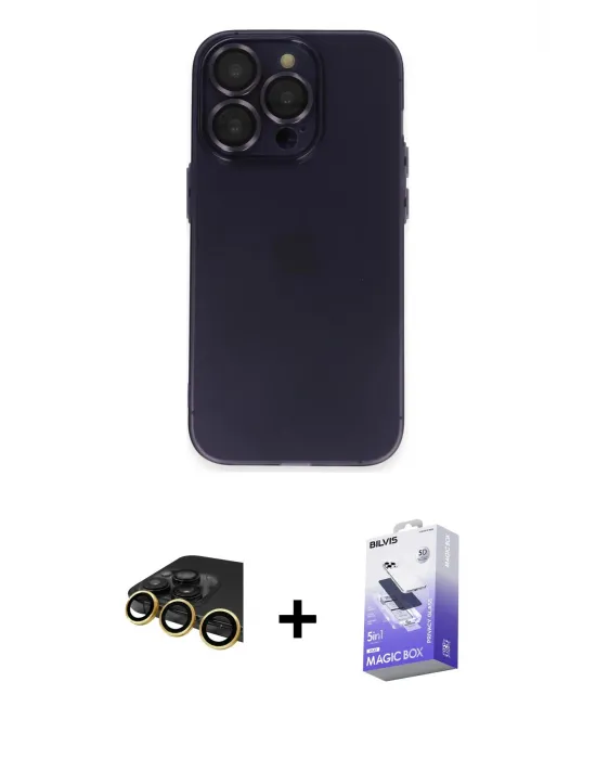ieg™ iPhone 14 Pro Max Kılıf Ufuk Minimal Özel Seri - Siyah Bilvis 5in1 5D Magic Hayalet Cam Ekran Koruyucu + Raze Metal Kamera Lens - GD