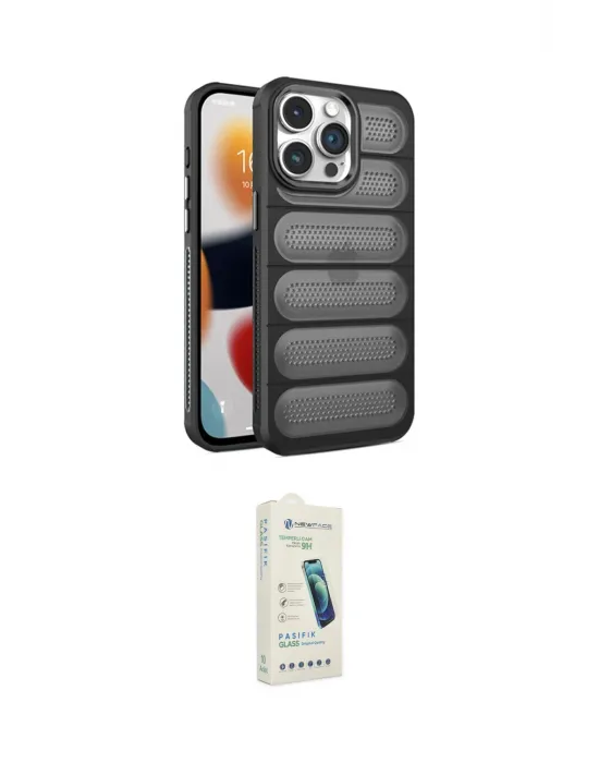 ieg™ iPhone 14 Pro Max Kılıf Yadigar Doku Özel Seri - Şeffaf Pasifik Cam Ekran Koruyucu