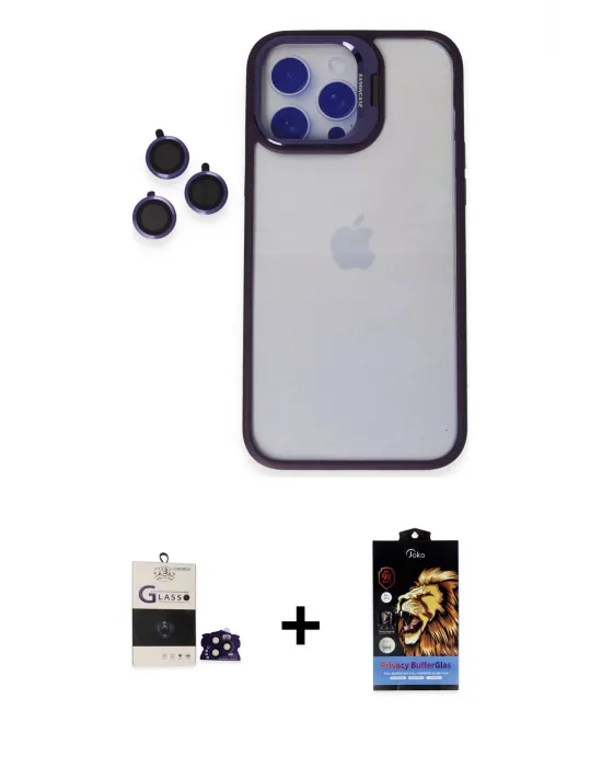 ieg™ iPhone 14 Pro Max Kılıf Yankı Asil Serisi - Siyah Buffer Hayalet Cam Ekran Koruyucu + Bilvis Titan Kamera Lens - SH