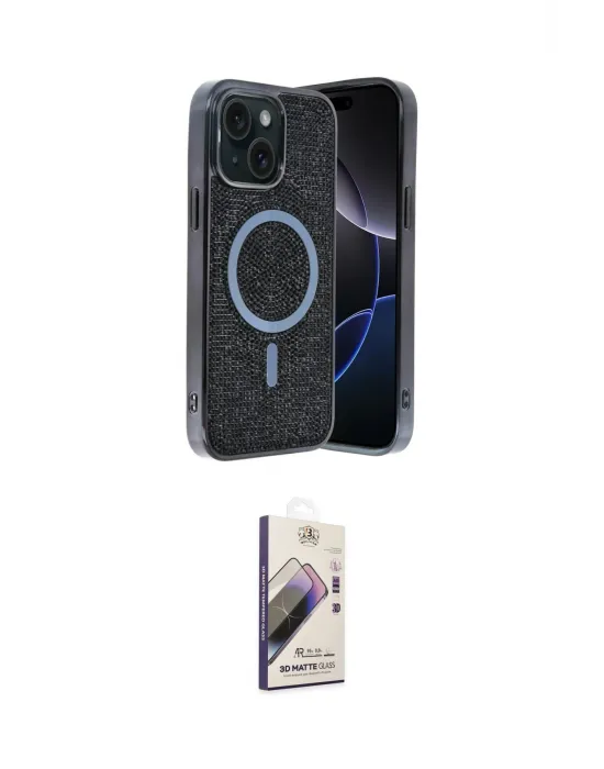 ieg™ iPhone 15 Kılıf Eksen Çizgi - Siyah Bilvis 3D Mat Cam Ekran Koruyucu
