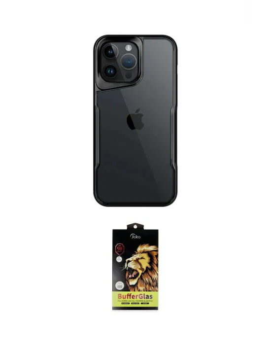 ieg™ iPhone 15 Pro Kılıf Akış Çizgi Koleksiyonu - Siyah Buffer Cam Ekran Koruyucu