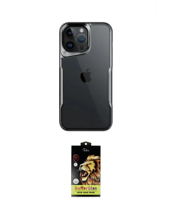 ieg™ iPhone 15 Pro Kılıf Akış Çizgi Koleksiyonu - Siyah Buffer Cam Ekran Koruyucu