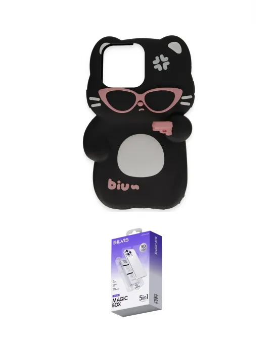 ieg™ iPhone 15 Pro Kılıf Akış Yansıma - Siyah Bilvis 5in1 3D Magic Cam Ekran Koruyucu