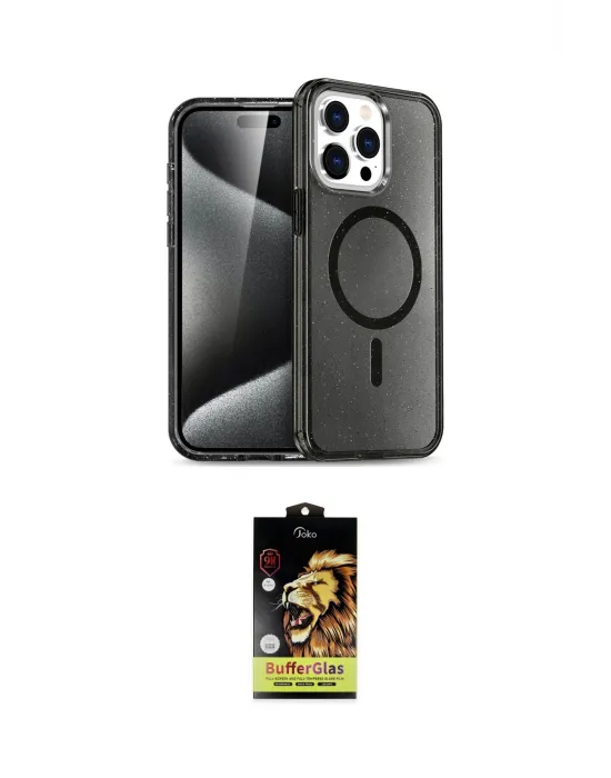 ieg™ iPhone 15 Pro Kılıf Eksen Doku Koleksiyonu - Siyah Buffer Cam Ekran Koruyucu