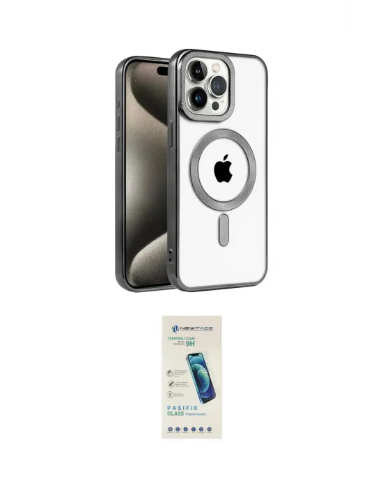 ieg™ iPhone 15 Pro Kılıf Eksen Form Koleksiyonu - Şeffaf Pasifik Cam Ekran Koruyucu