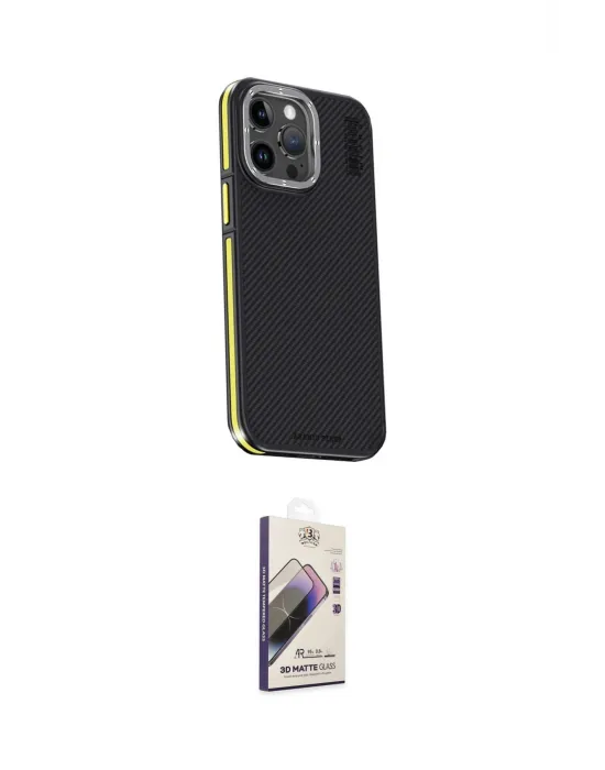ieg™ iPhone 15 Pro Kılıf Kıvılcım Modern Özel Seri - Siyah Bilvis 3D Mat Cam Ekran Koruyucu