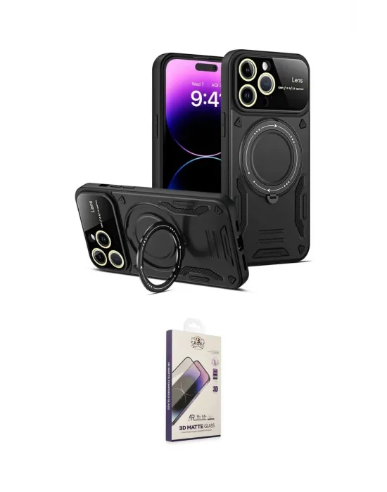 ieg™ iPhone 15 Pro Kılıf Kıvılcım Modern Serisi - Siyah Bilvis 3D Mat Cam Ekran Koruyucu