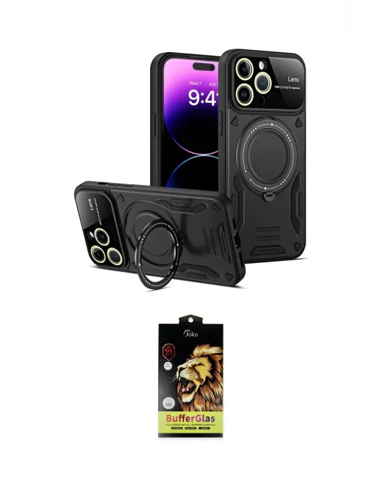 ieg™ iPhone 15 Pro Kılıf Kıvılcım Modern Serisi - Siyah Buffer Cam Ekran Koruyucu