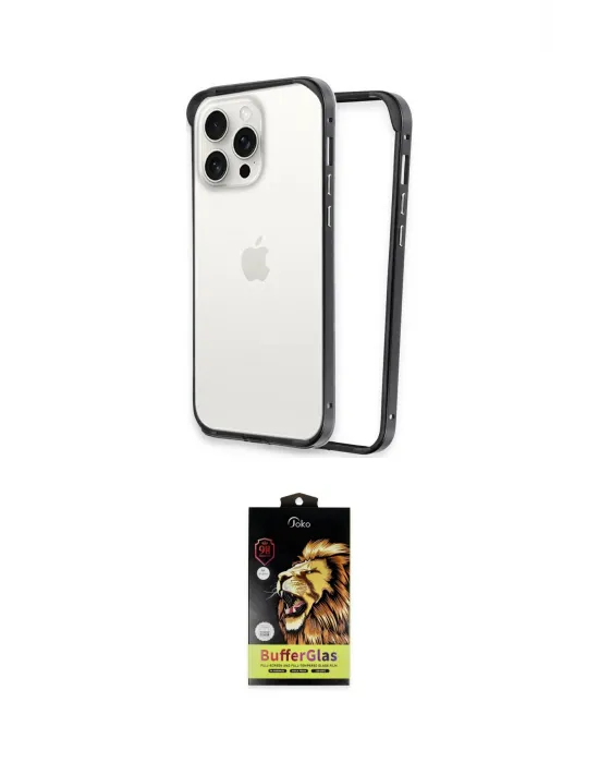ieg™ iPhone 15 Pro Kılıf Pusula Asil Koleksiyonu - Siyah Buffer Cam Ekran Koruyucu