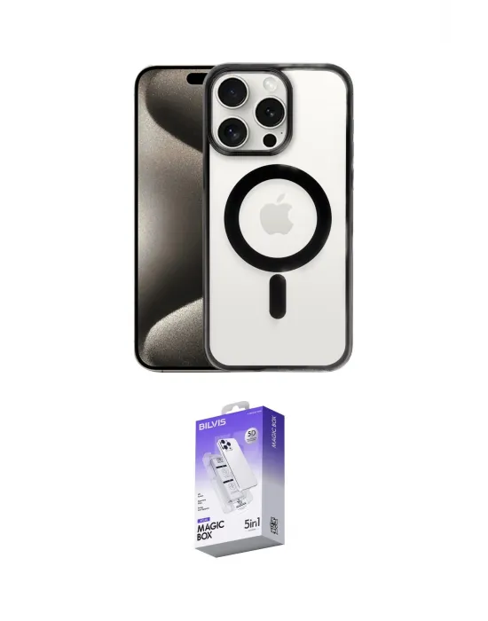 ieg™ iPhone 15 Pro Kılıf Siluet Çizgi Serisi - Siyah Bilvis 5in1 3D Magic Cam Ekran Koruyucu