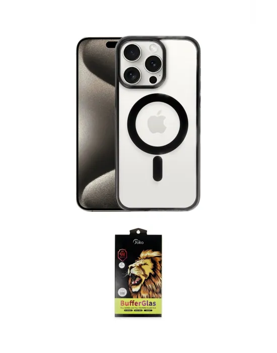 ieg™ iPhone 15 Pro Kılıf Siluet Çizgi Serisi - Siyah Buffer Cam Ekran Koruyucu