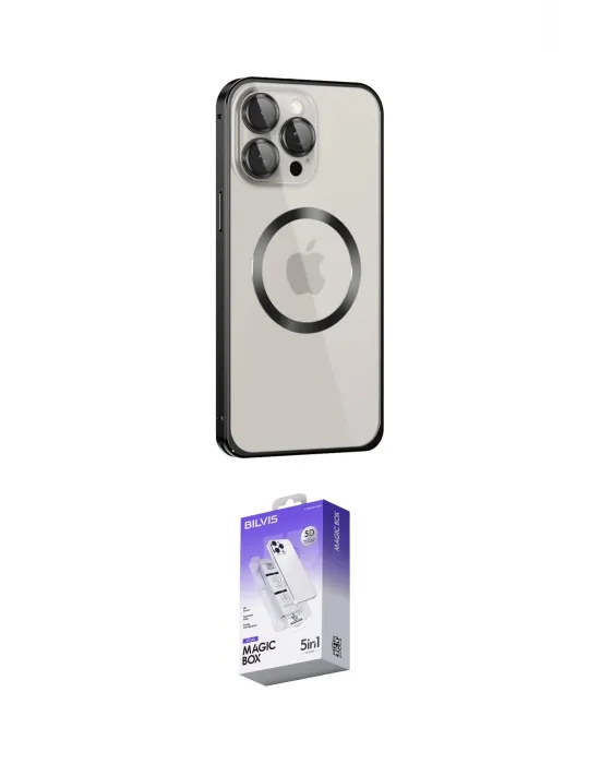 ieg™ iPhone 15 Pro Max Kılıf Ahenk Işık Serisi - Siyah Bilvis 5in1 3D Magic Cam Ekran Koruyucu