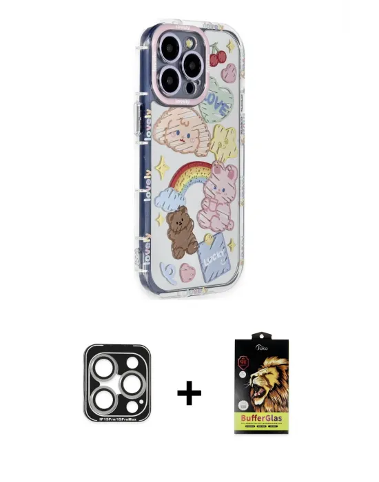 ieg™ iPhone 15 Pro Max Kılıf Ahenk Modern Serisi - Siyah Buffer Cam Ekran Koruyucu + PVD Metal Kamera Lens - GS