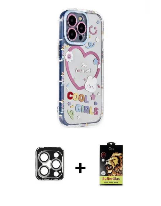 ieg™ iPhone 15 Pro Max Kılıf Ahenk Modern Serisi - Siyah Buffer Cam Ekran Koruyucu + PVD Metal Kamera Lens - GS