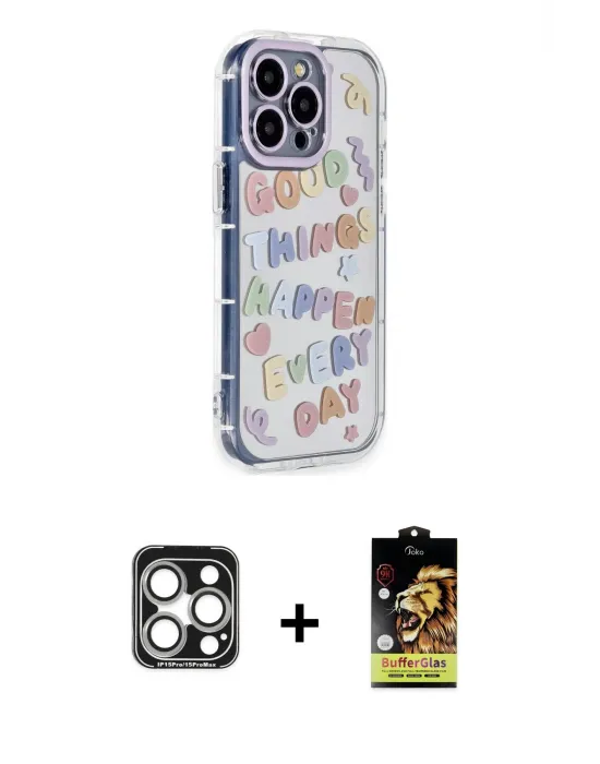 ieg™ iPhone 15 Pro Max Kılıf Ahenk Modern Serisi - Siyah Buffer Cam Ekran Koruyucu + PVD Metal Kamera Lens - GS