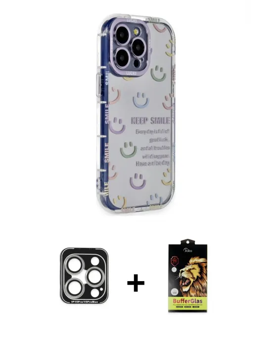 ieg™ iPhone 15 Pro Max Kılıf Ahenk Modern Serisi - Siyah Buffer Cam Ekran Koruyucu + PVD Metal Kamera Lens - GS