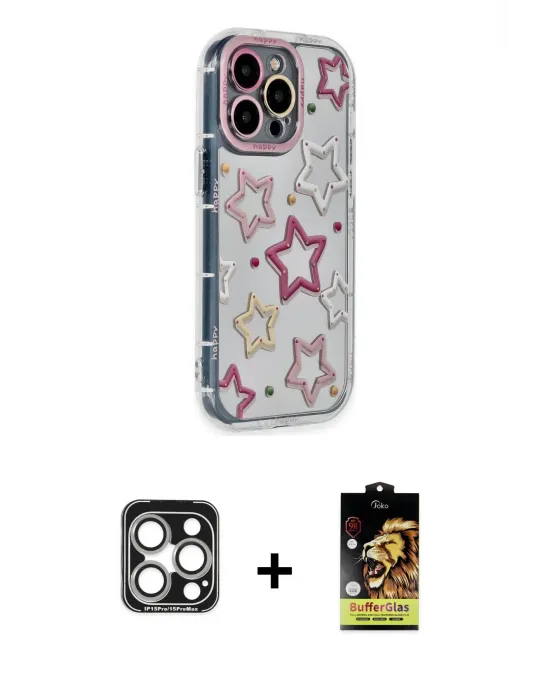 ieg™ iPhone 15 Pro Max Kılıf Ahenk Modern Serisi - Siyah Buffer Cam Ekran Koruyucu + PVD Metal Kamera Lens - GS